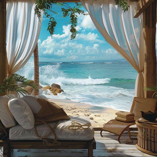 Beach cabana with ocean background