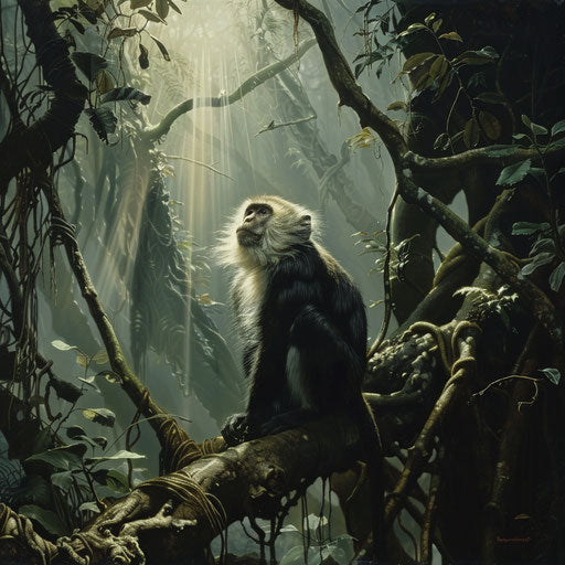 Unique scene of a Yunnan snub-nosed monkey among ancient, twisted tree roots