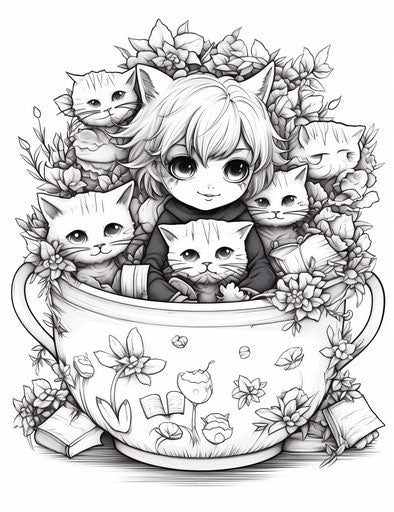 Sitting in a pot with a cup, meticulous inking style