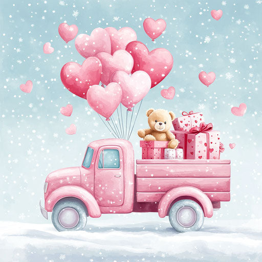 Pink truck filled with Valentine's gifts, floating with heart-shaped balloons