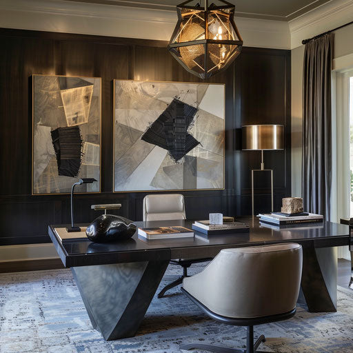 Stylish home office with designer furniture and abstract art