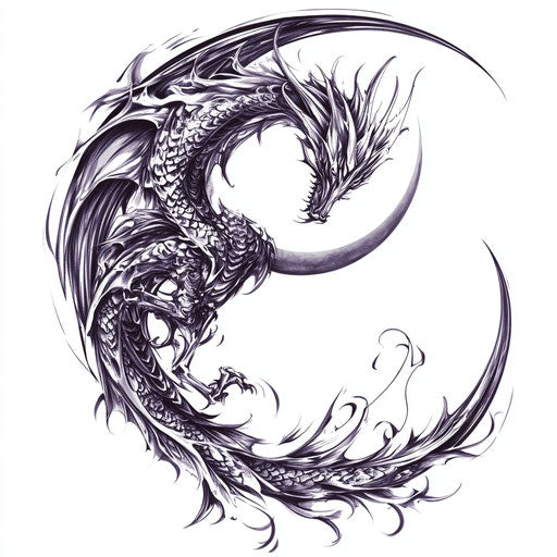 Tribal dragon circling crescent moon - black on white