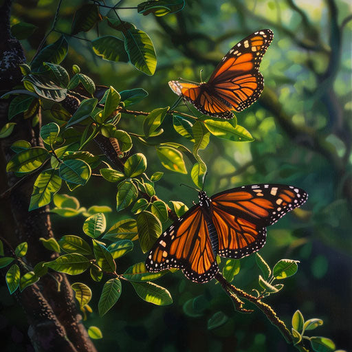 Two monarch butterflies on a leafy green branch