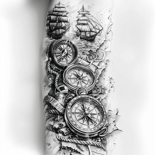 Tattoo sketch of compass and nautical themes, full sleeve for men