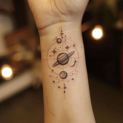 Tattoo sketch of a celestial galaxy with planets and stars for wrist coverup tattoo for women