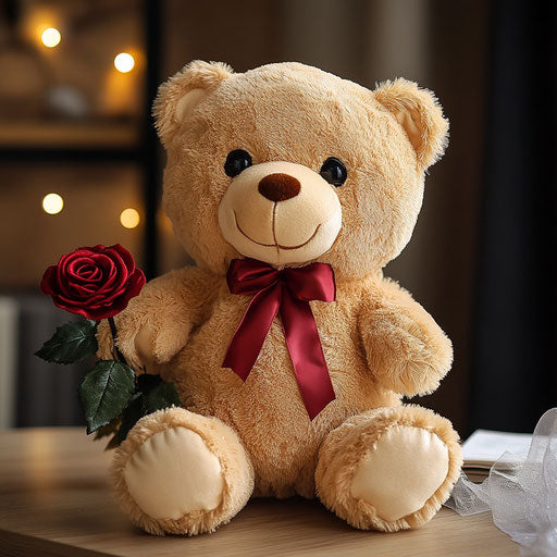 Elegant teddy bear plush with rose, beige, soft, gift