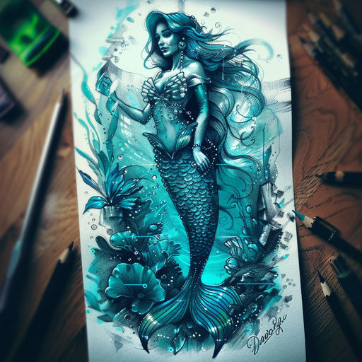 Mythical tattoo sketch of a mermaid under the sea