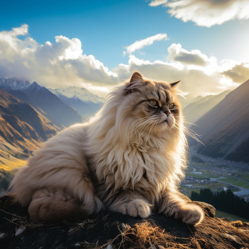 Himalayan cat in front of mountain scenery