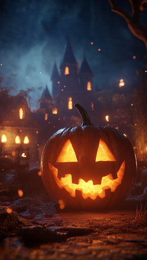Spooky pumpkin in front of haunted village under the moon