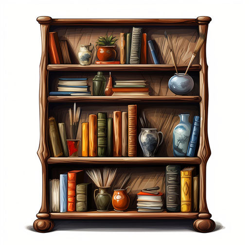 Bookshelf illustration in the Oil painting style, on white background