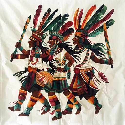 Mayan warrior dance tattoo, dynamic poses and bold colors on white sheet