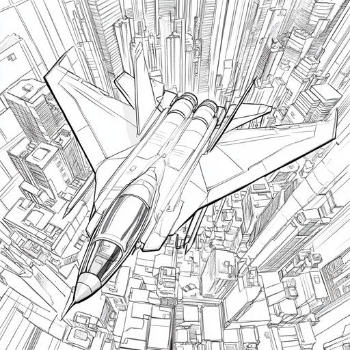 Fighter jet flying through a futuristic cityscape, in the style of Mamoru Hosoda, dynamic and imaginative Coloring book page