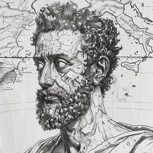 Flat tattoo sketch of Marcus Aurelius with a map of the Roman Empire as a background