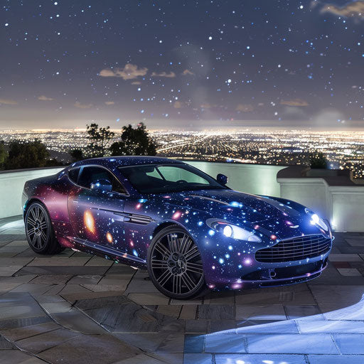 Space-themed Aston Martin DB7 Zagato with galaxy wrap, parked on starry night overlook