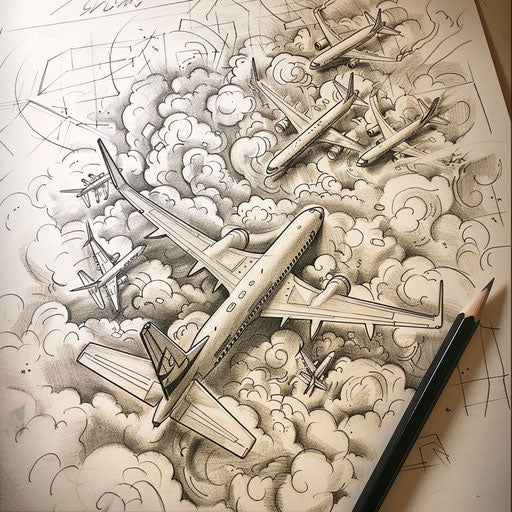 Surreal tattoo sketch of multiple planes flying in a labyrinth of clouds