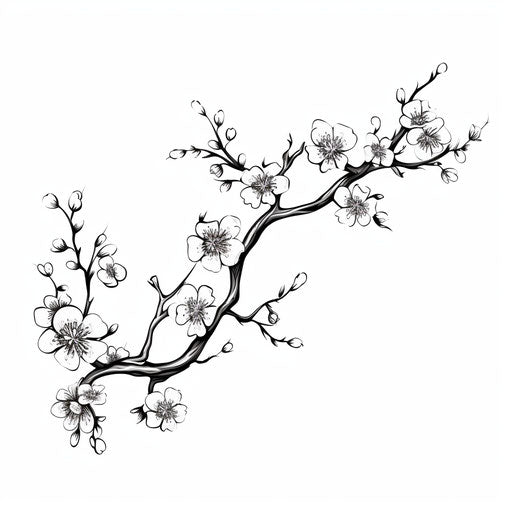 Black and white cartoon illustration of blossom tree branch, Japanese style