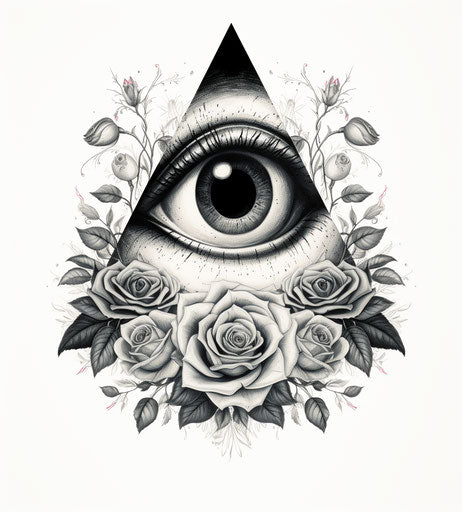 Black and white illustration of an eye with roses and a triangle, vintage-inspired