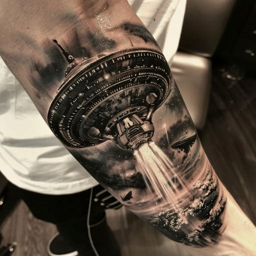 Hyper-detailed UFO tattoo of an alien spacecraft entering Earth