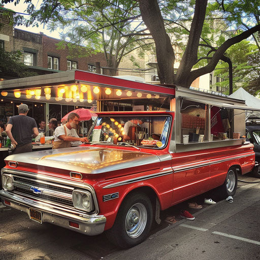 Lively street food market with 1967 gourmet Chevy Bel Air