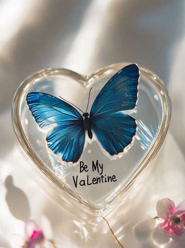 Blue butterfly on heart-shaped glass with message.