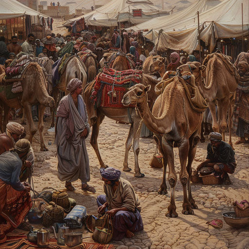 Camels gathered in a bustling desert market