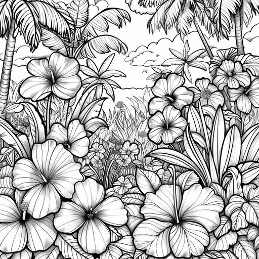 Tropical jungle with exotic flowers and lush greenery