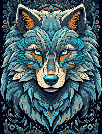 Blue gray wolf head pattern on white wall, intricate black and white design, bold colors