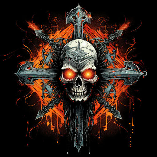 Rocking skull with cross and fire, cracked robotic motifs