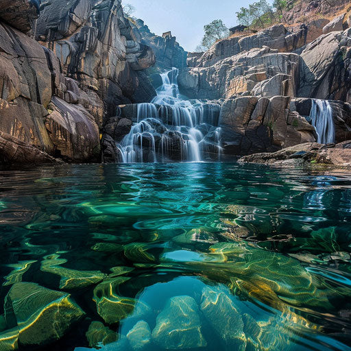Crystal clear waterfalls with rugged cliffs