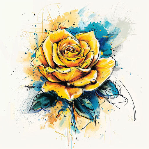 Dynamic flat tattoo sketch of a yellow rose with splattered ink style and energetic lines