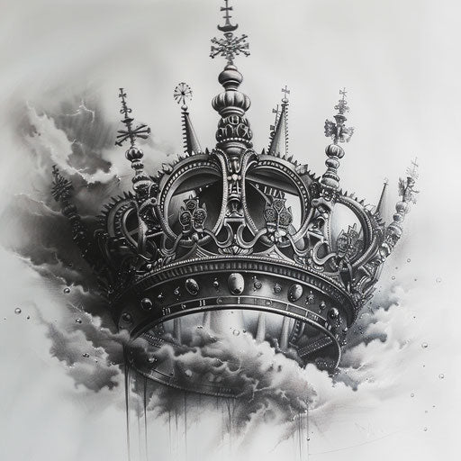 Surreal king crown tattoo blending clockwork and clouds in grayscale on white