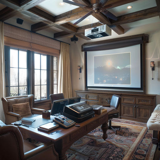 Home office with ceiling-mounted projector and pull-down screen