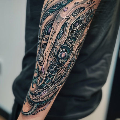 Biomechanical arm tattoo in the style of Guy Aitchison