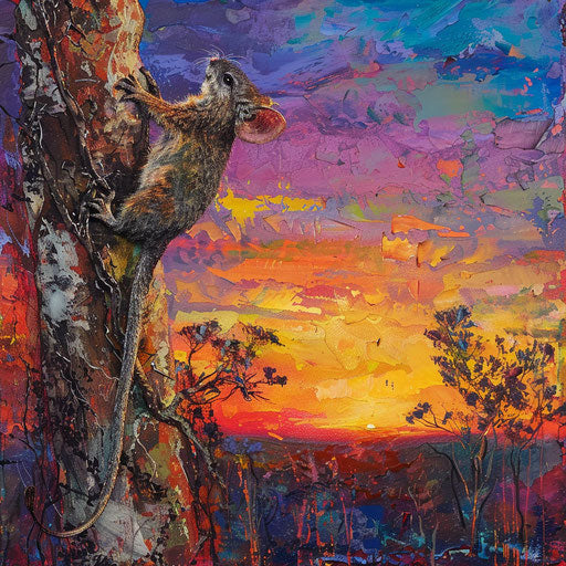 An antechinus climbing a tree with colorful sunset in Australian bush