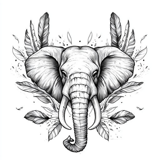 Small elephant tattoo surrounded by feathers and leaves