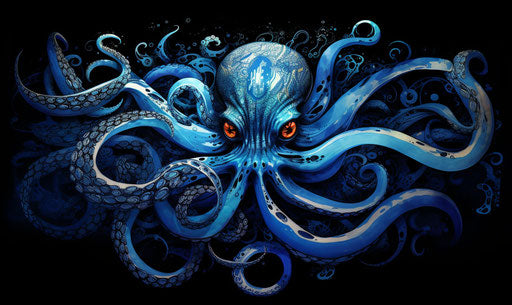 Blue octopus in a black drawing, detailed shading style