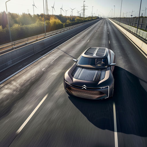 High-tech solar panel roof on Citroen DS 20 driving on highway
