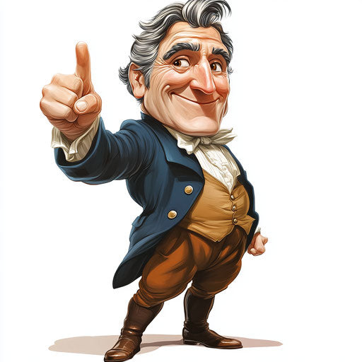 Humorous caricature of a James Fenimore Cooper clipart with human characteristics, exaggerated thin lips, big hands, smooth surfaces, vibrant colors, cartoon style, pointing, high-resolution, no background, isolated - c 40