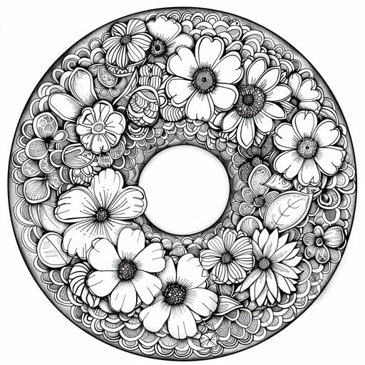 A donut with elaborate floral patterns and decorations. Coloring book page