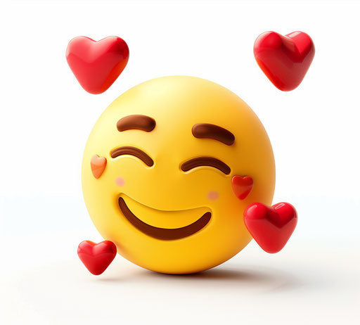 Yellow smiley face with closed eyes and wink, surrounded by three red hearts
