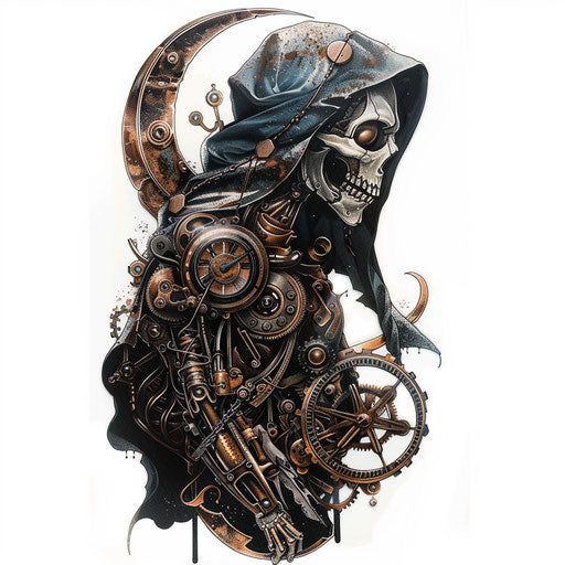 Steampunk reaper tattoo with mechanical elements and bronze colors
