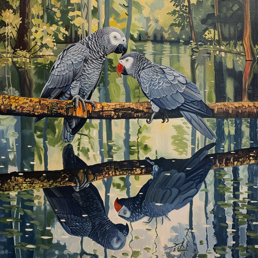 African grey parrots sharing a moment on a branch over a crystal-clear lake