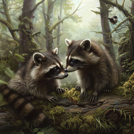 Two raccoons sharing a moment on a moss-covered log in a serene woodland