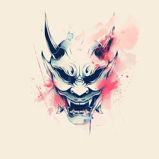 Flat tattoo sketch of a Hannya mask with a minimalist design and soft, pastel background