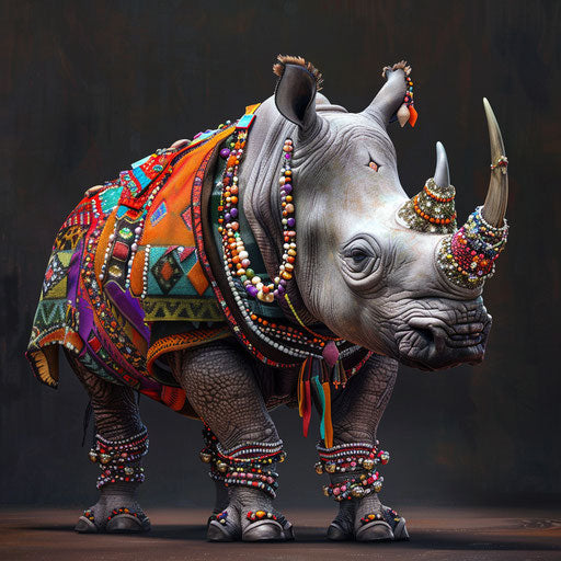 A rhino in traditional dance, adorned with vibrant fabrics and beads