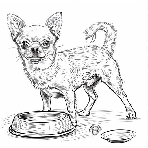 Chihuahua waiting by the dog bowl for dinner