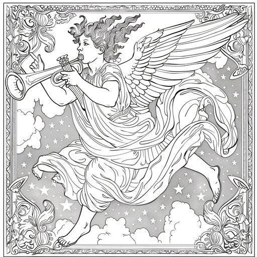 A playful angel with a trumpet, heralding good news from the heavens. Coloring book page