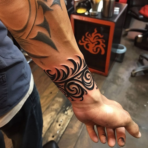 Men's wrist tattoos tribal flames, Humberto Ramos style