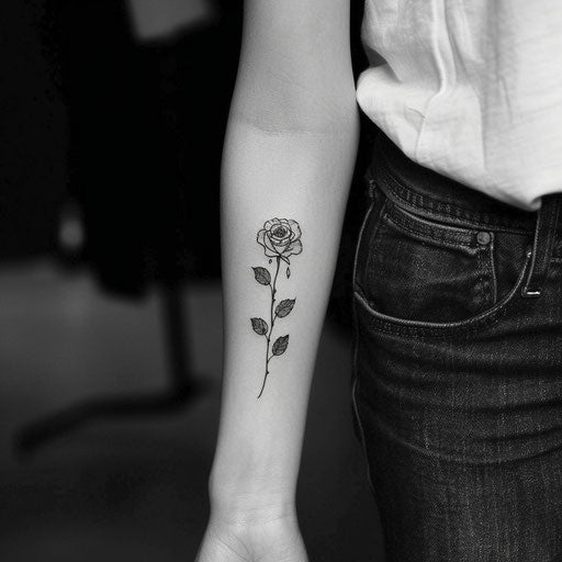 Forearm tattoos for women in the style of Ami James featuring minimalist roses