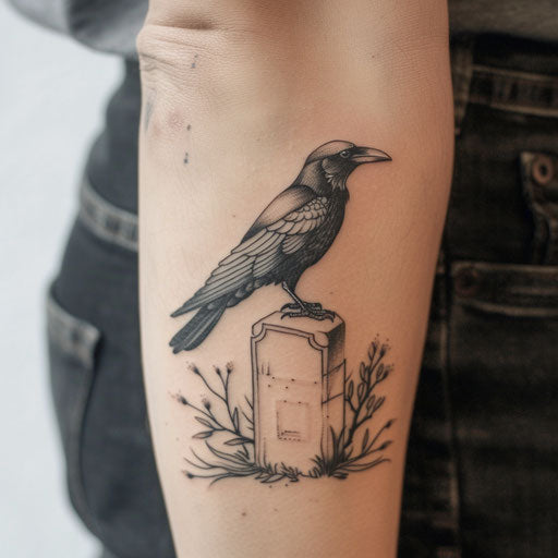 Minimalist tattoo of a raven on a gravestone